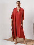 Nicia Solid V-Neck Kaftan  Relaxed Beach Cover-Up Dress